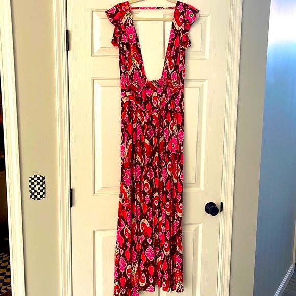 🔥Anthropologie Deep-V Burgundy/Cranberry/Orange/Pinks Maaji Maxi Dress-Medium - Picture 2 of 15